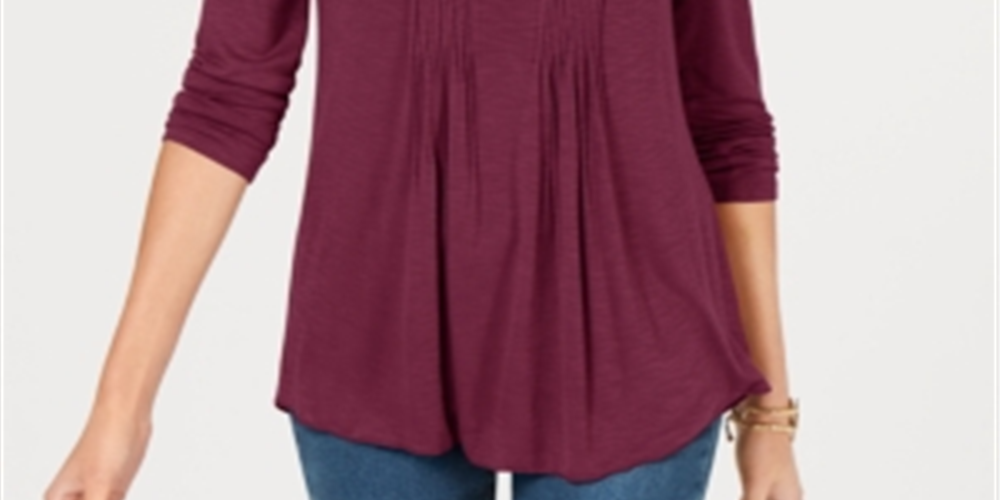 Style & Co Women's Long Sleeve Pintuck Top Purple Size Medium