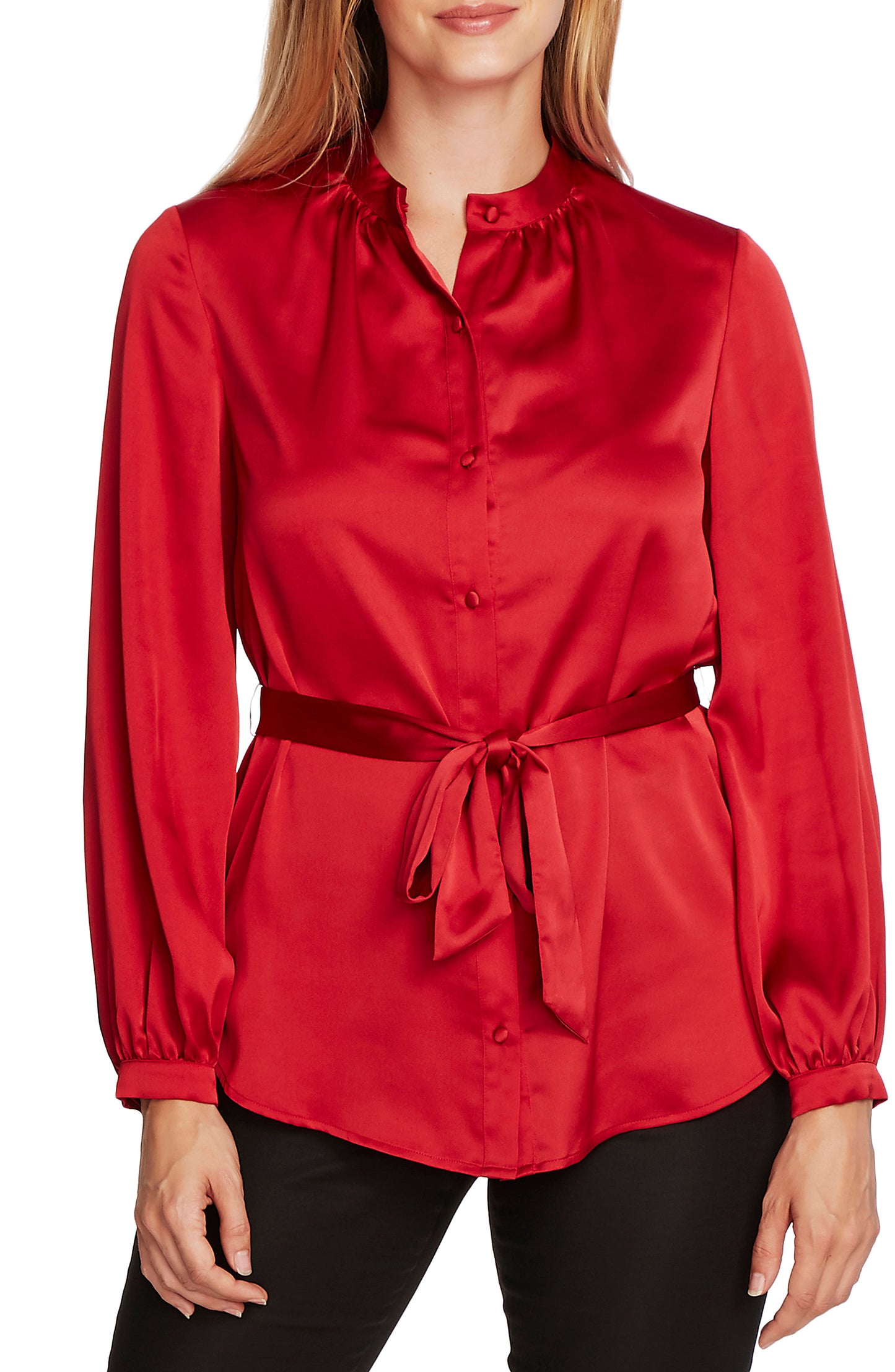 Vince Camuto Women's Charmeuse Button Down Belted Tunic Top Red Size X-Large