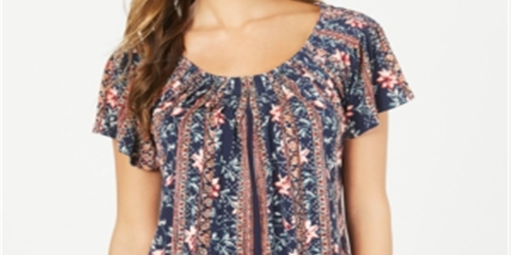 Style & Co Women's Printed Pleated Top Black Size Petite M