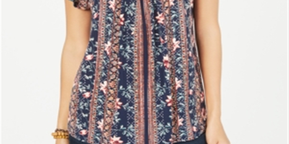 Style & Co Women's Printed Pleated Top Black Size Petite M