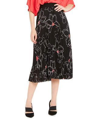 Alfani Women's Floral Print Pleated MIDI Skirt Black Size Large