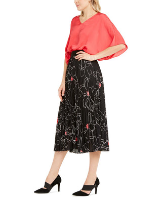 Alfani Women's Floral Print Pleated MIDI Skirt Black Size Large