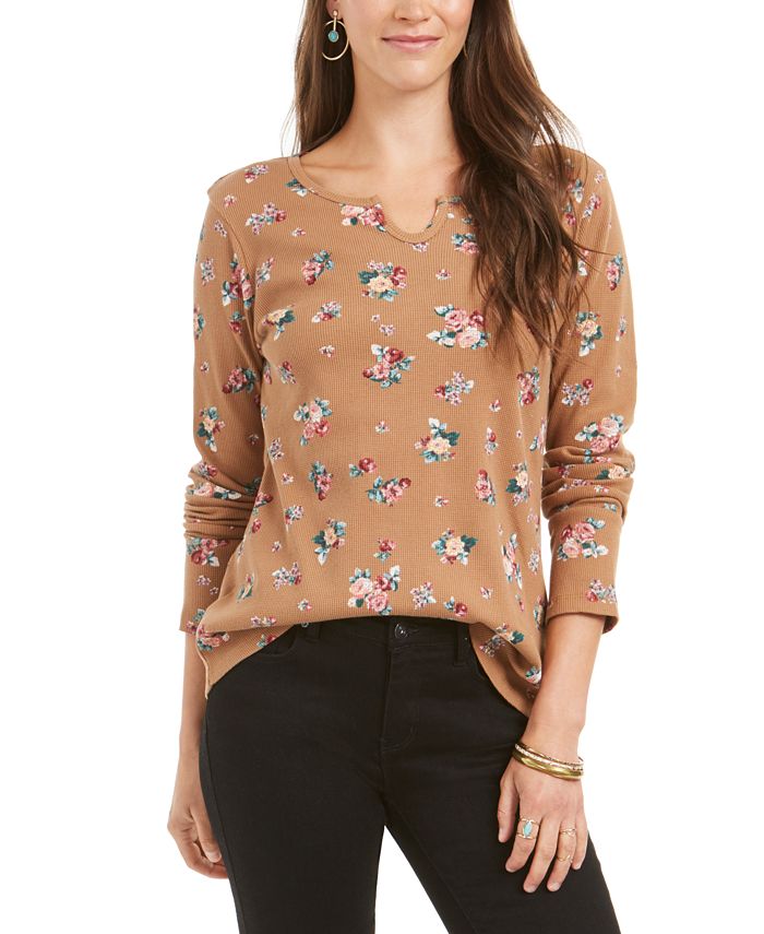 Style & Co Women's Printed Split Neck Cotton Thermal Top Brown Size Small