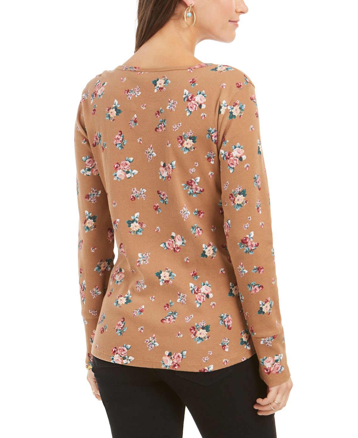 Style & Co Women's Printed Split Neck Cotton Thermal Top Brown Size Small