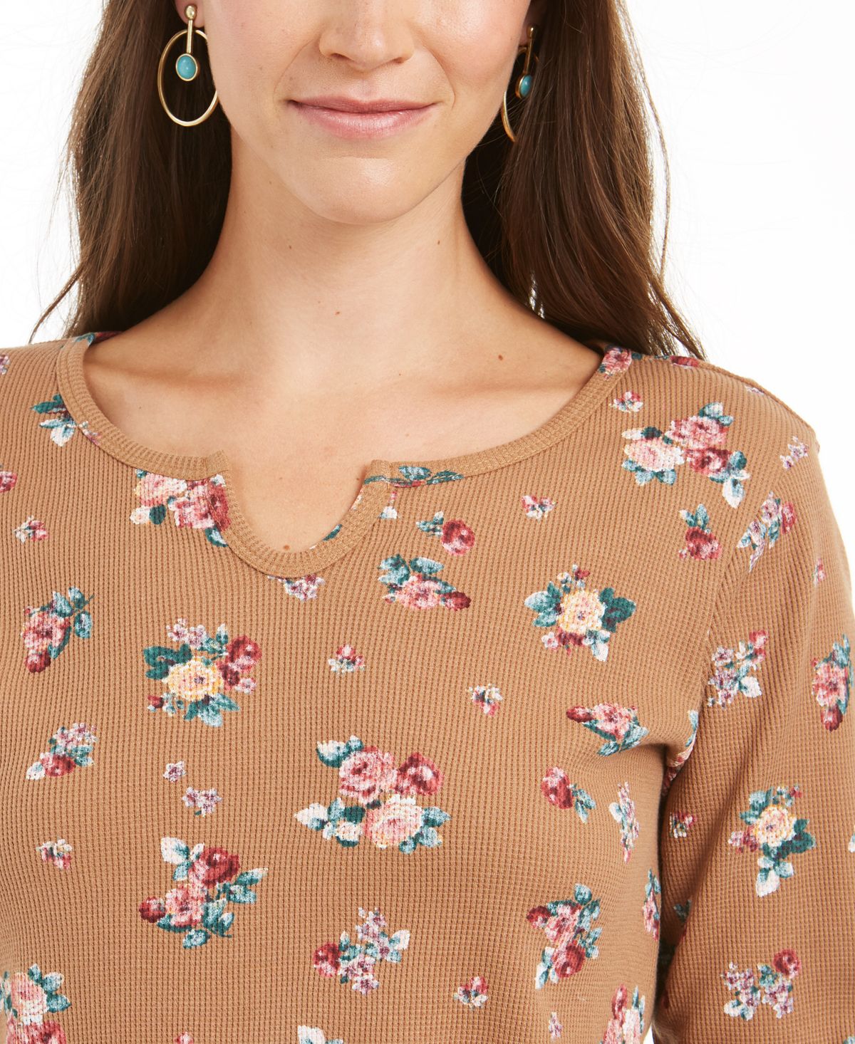 Style & Co Women's Printed Split Neck Cotton Thermal Top Brown Size Small