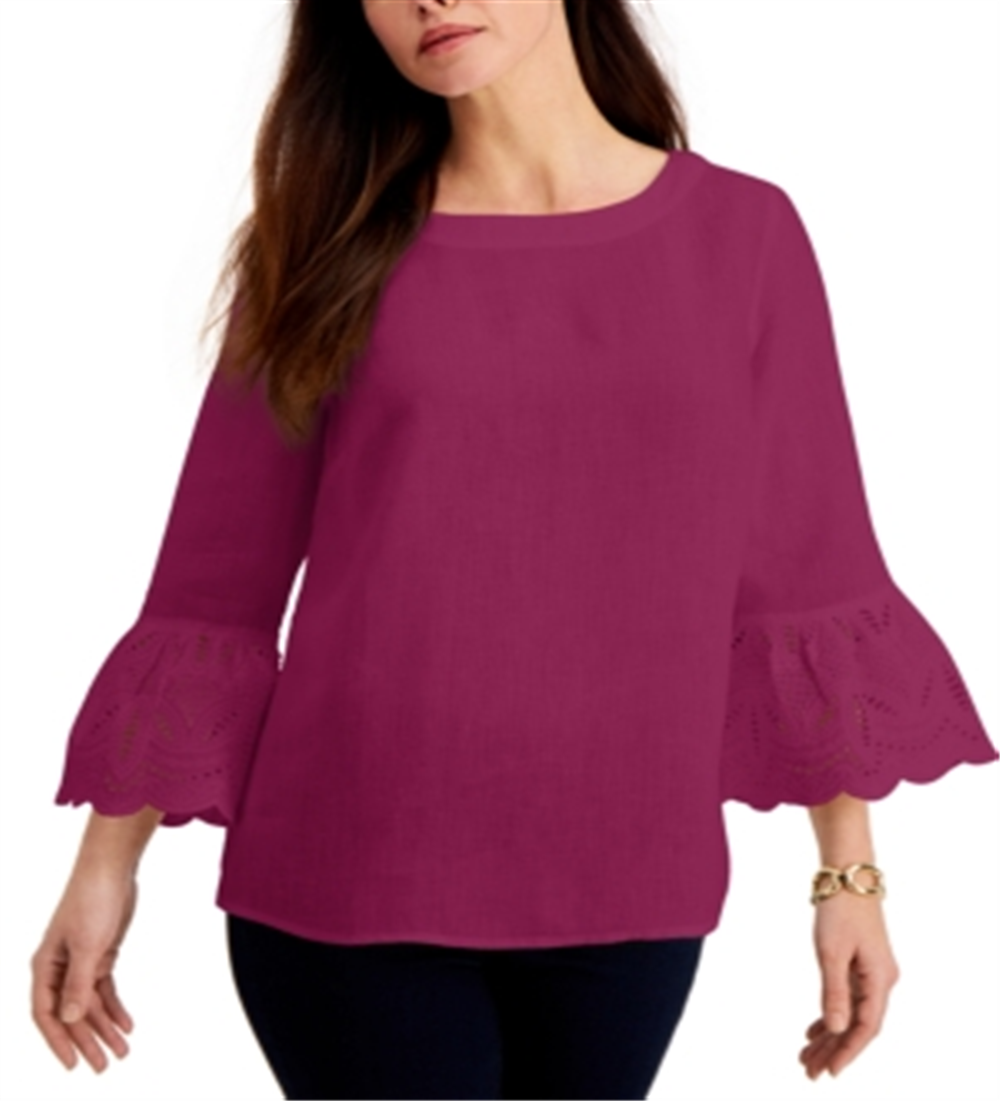 Charter Club Women's Eyelet Bell Sleeve Top Pink Size Small