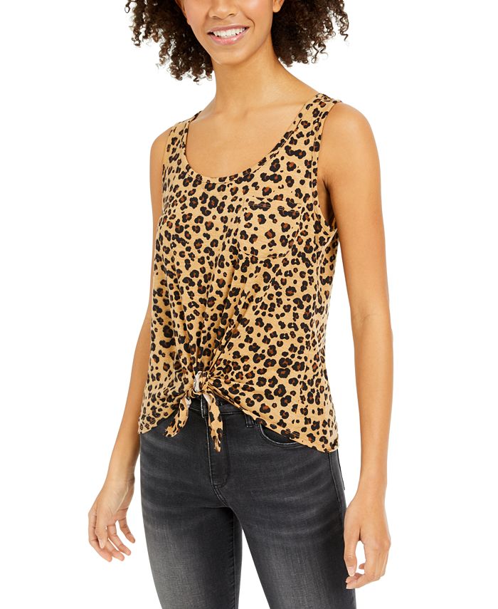 Rebellious One Junior's Cheetah Print Tie Front Tank Top Brown Size Small