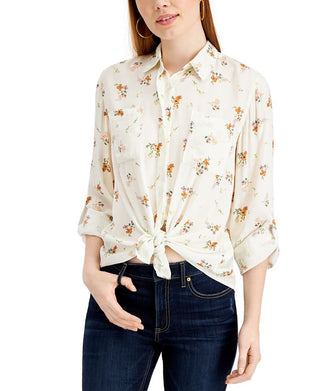 Pink Rose Junior's Floral Tie Front Shirt White Size Medium