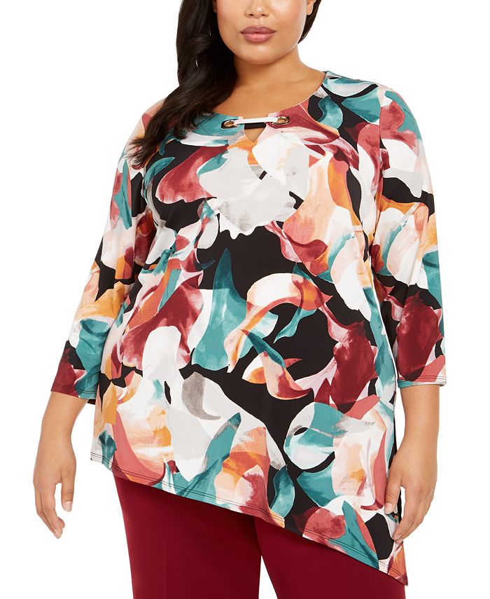 JM Collection Women's Printed Asymmetrical Top Black Size 0X
