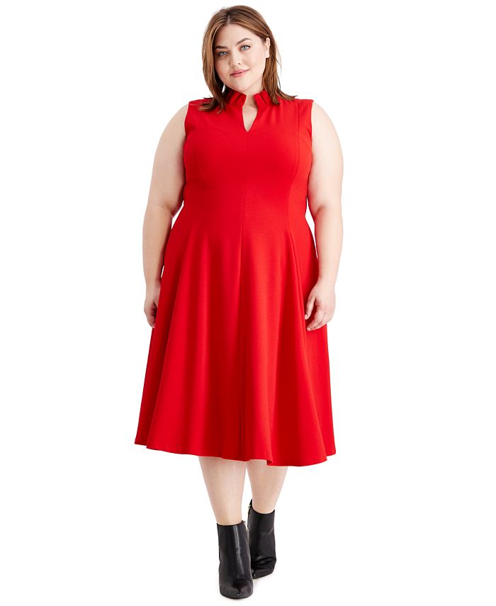 Calvin Klein Women's Plus Ruffle V Neck Sleeveless Fit Flare Dress Red Size 22W