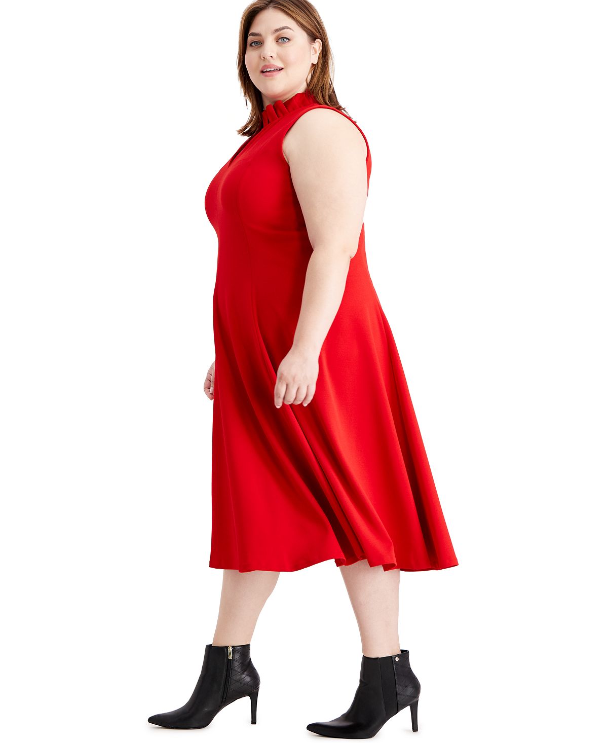 Calvin Klein Women's Plus Ruffle V Neck Sleeveless Fit Flare Dress Red Size 22W