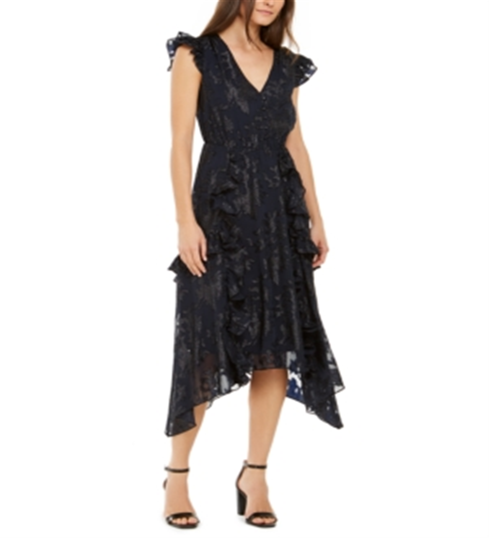 INC International Concepts Women's Metallic V Neck Midi Dress Black Size S