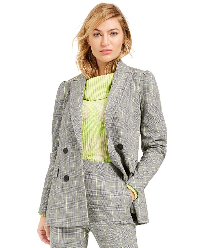 Bar III Women's Double Breasted Plaid Blazer Wear to Work Jacket Grey Size XX-Large