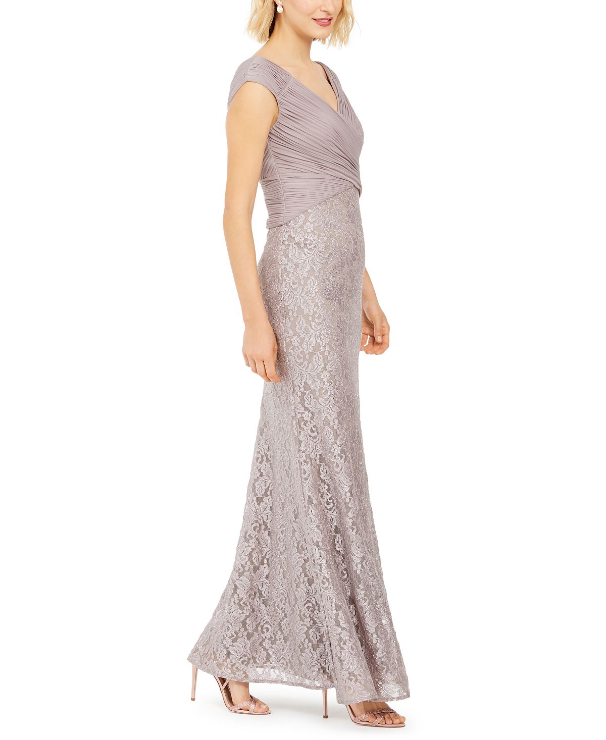 Jessica Howard Women's Ruched Glitter & Lace Gown Brown Size 8