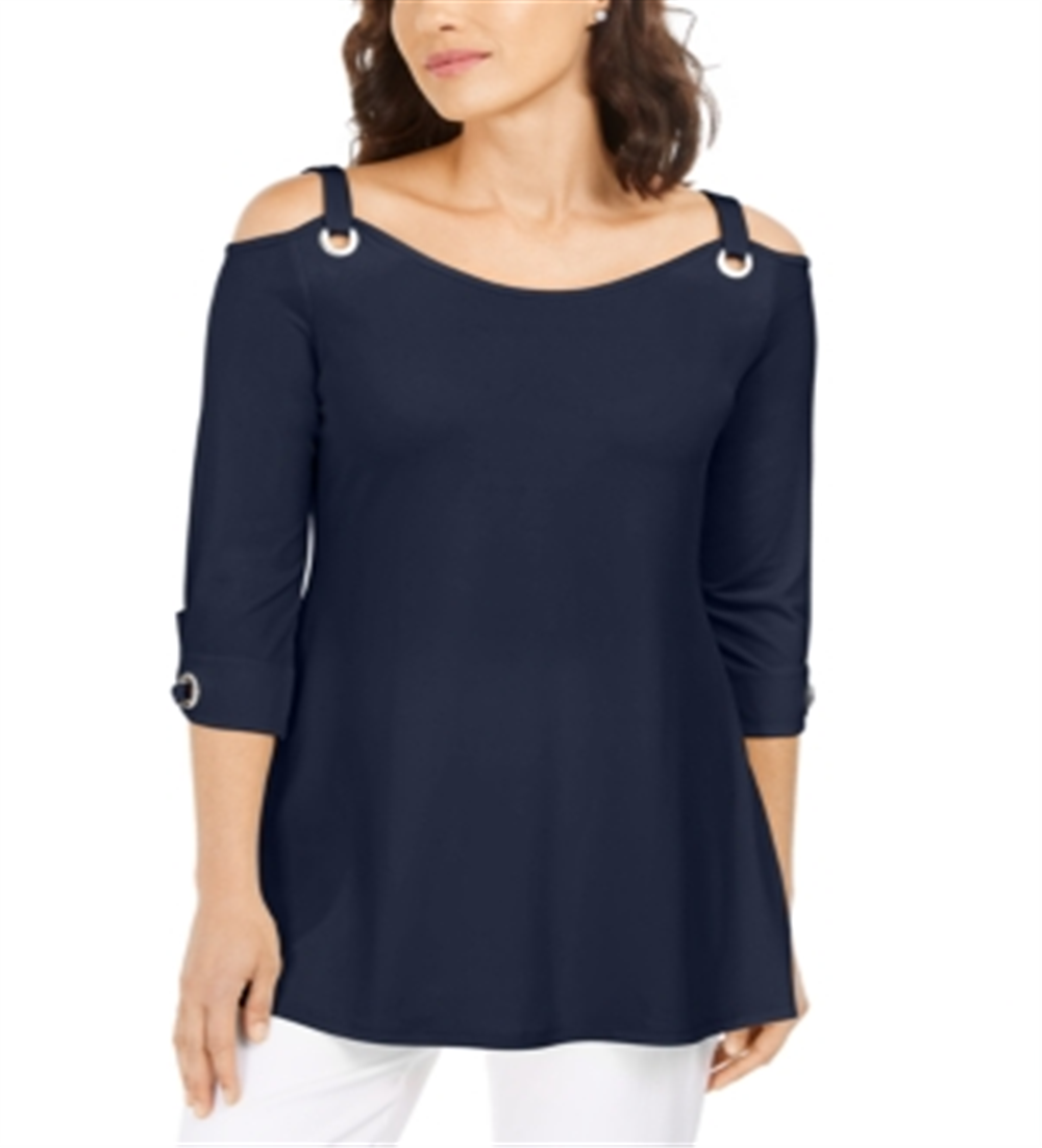 Jm Collection Petite Grommet Cold-Shoulder Top Blue Size Petite M