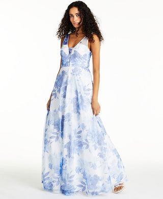 Trixxi Women's Sequined Floral Sleeveless V Neck Full Length Prom Fit Flare Dress White Size 9