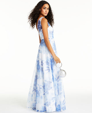 Trixxi Women's Sequined Floral Sleeveless V Neck Full Length Prom Fit Flare Dress White Size 9