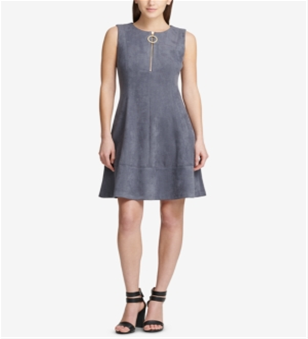 DKNY Women's Sleeveless Jewel Neck Above the Knee Fit Flare Dress Silver Size 16