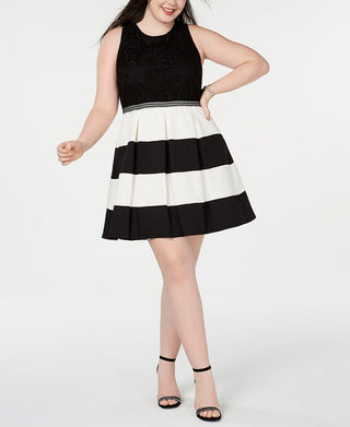 Speechless Women's Striped Sleeveless Jewel Neck Above the Knee Fit Flare Dress Black Size 20