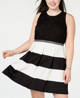 Speechless Women's Striped Sleeveless Jewel Neck Above the Knee Fit Flare Dress Black Size 20