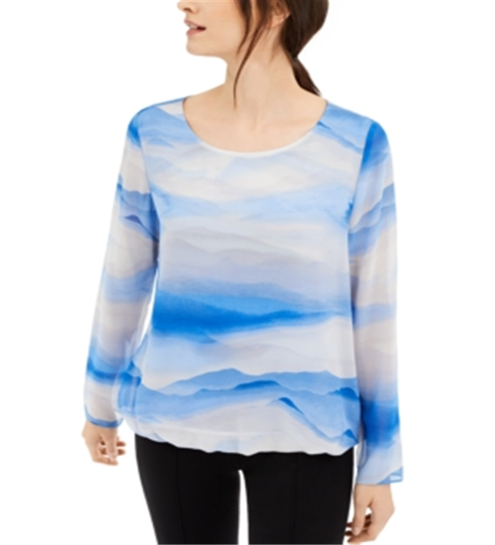 Alfani Women's Striped Scoop Neck Blouse Blue Size XX-Large