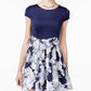 B Darlin Women's Striped Short Sleeve Jewel Neck Short Party Fit Flare Dress Blue Size 9-10