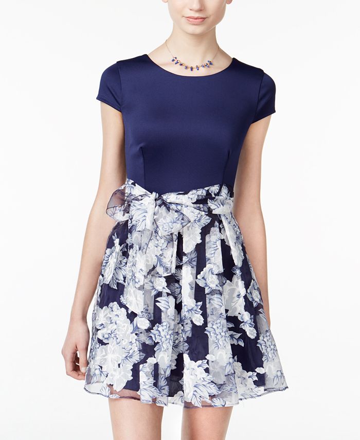 B Darlin Women's Striped Short Sleeve Jewel Neck Short Party Fit Flare Dress Blue Size 9-10