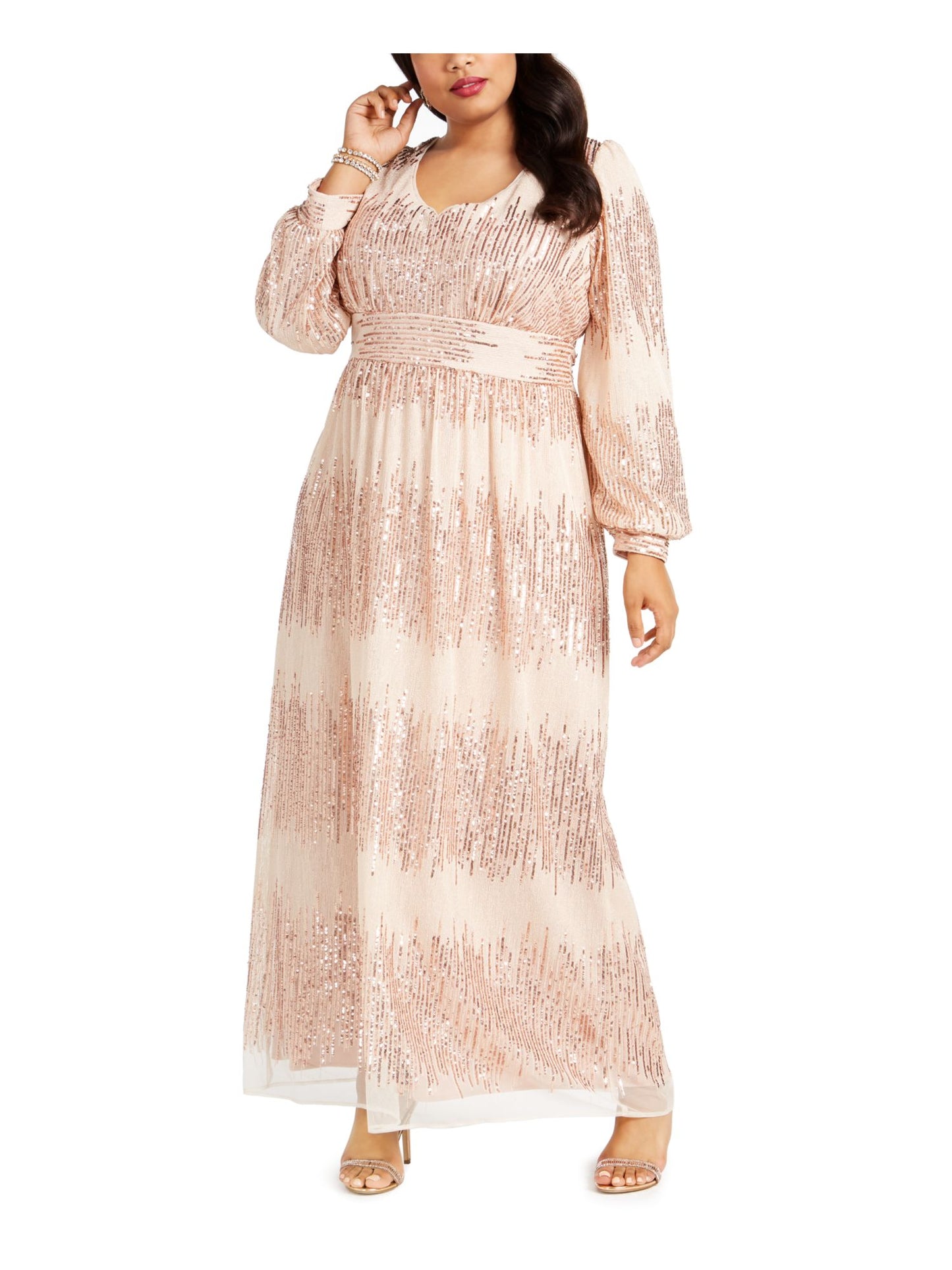 R&M Richards Women's Sequined Long Sleeve Jewel Neck Maxi Dress Brown Size 18W