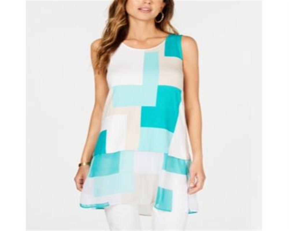 Alfani Women's Color Block Sleeveless Jewel Neck Top Blue Size Large