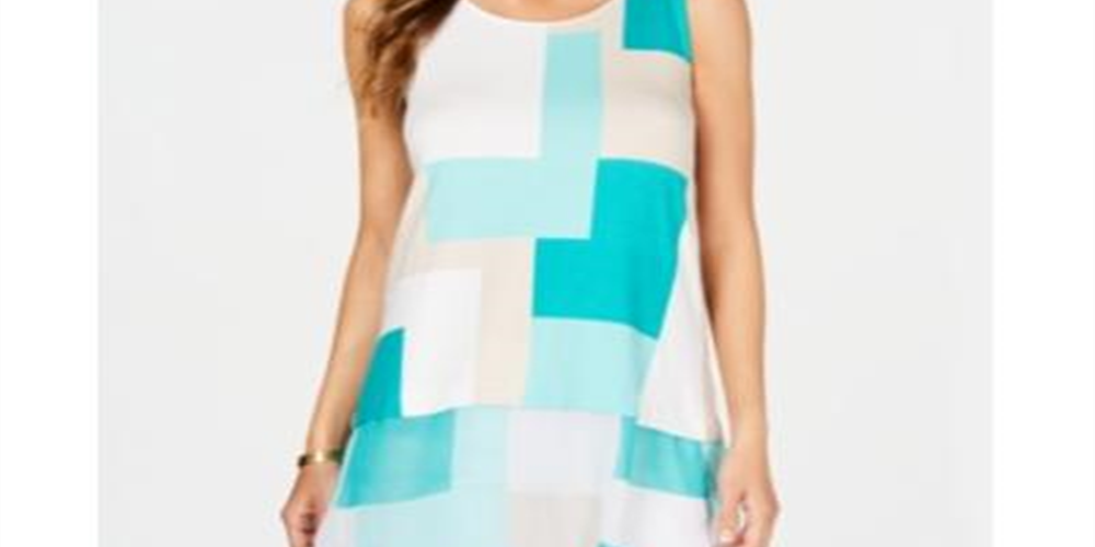 Alfani Women's Color Block Sleeveless Jewel Neck Top Blue Size Large