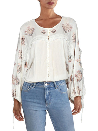 Free People Women's Sweet Emotion Emboidered Peasant Blouse White Size Large