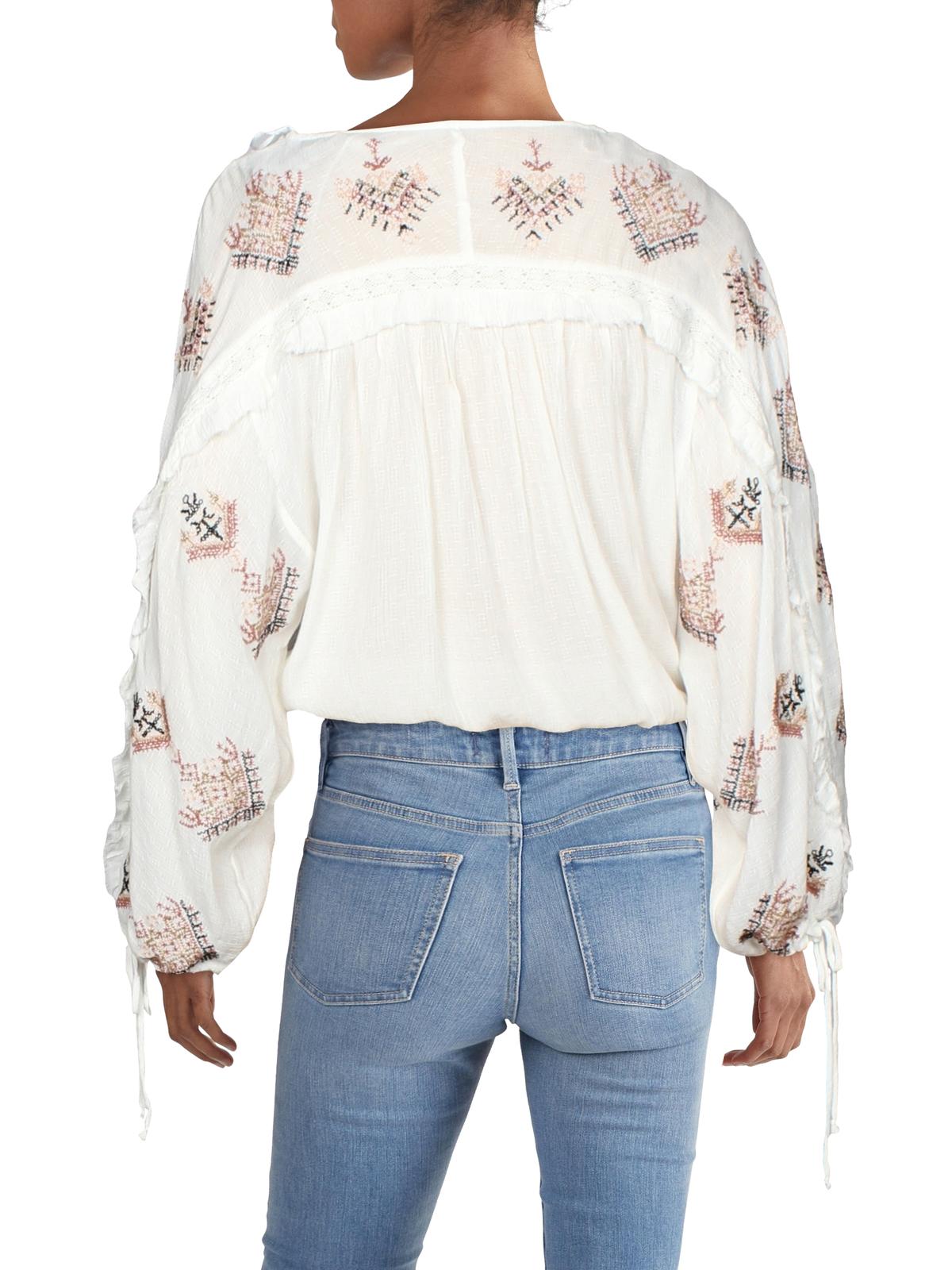 Free People Women's Sweet Emotion Emboidered Peasant Blouse White Size Large