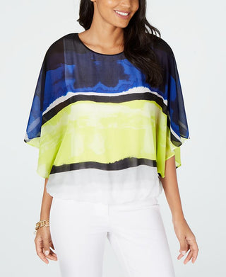 Alfani Women's Colorblocked Wing-Sleeve Bubble Hem Blouse White Size Small