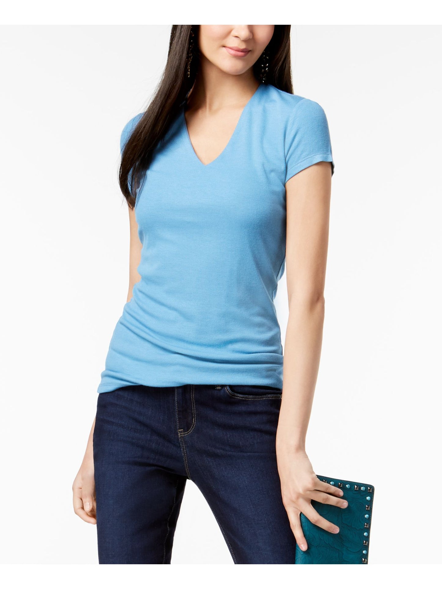 INC International Concepts Women's Short Sleeve V Neck Top Blue Size X-Small