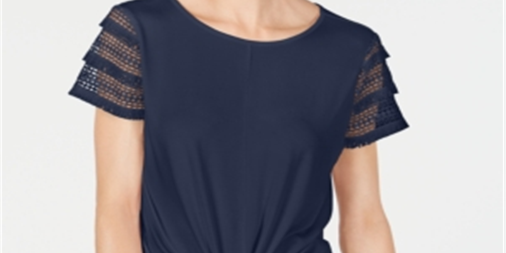 INC International Concepts Women's Plus Lace Sleeve Tie Front Top Blue Size 3X