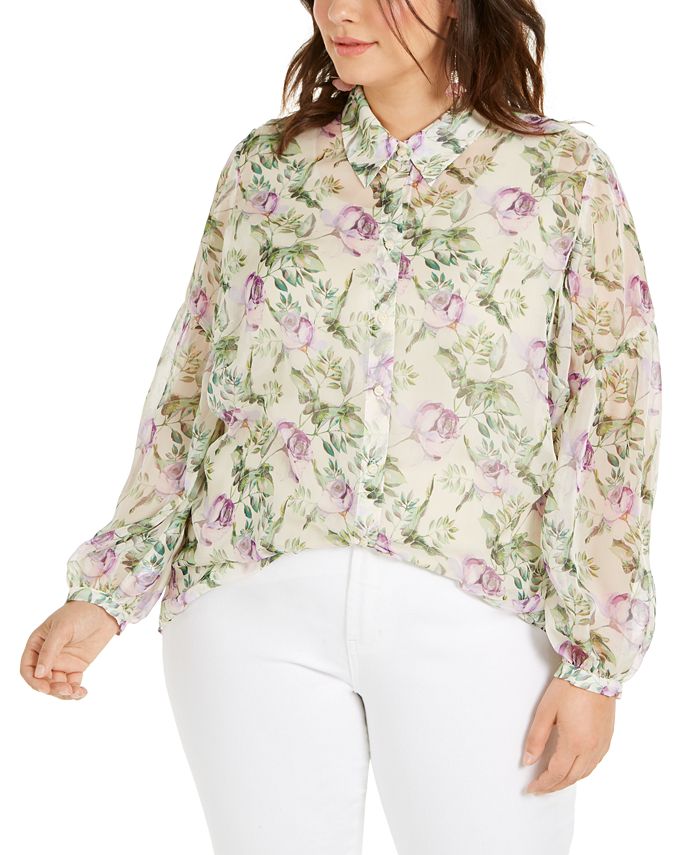 INC International Concepts Women's Plus Floral Print Top White Size 1X