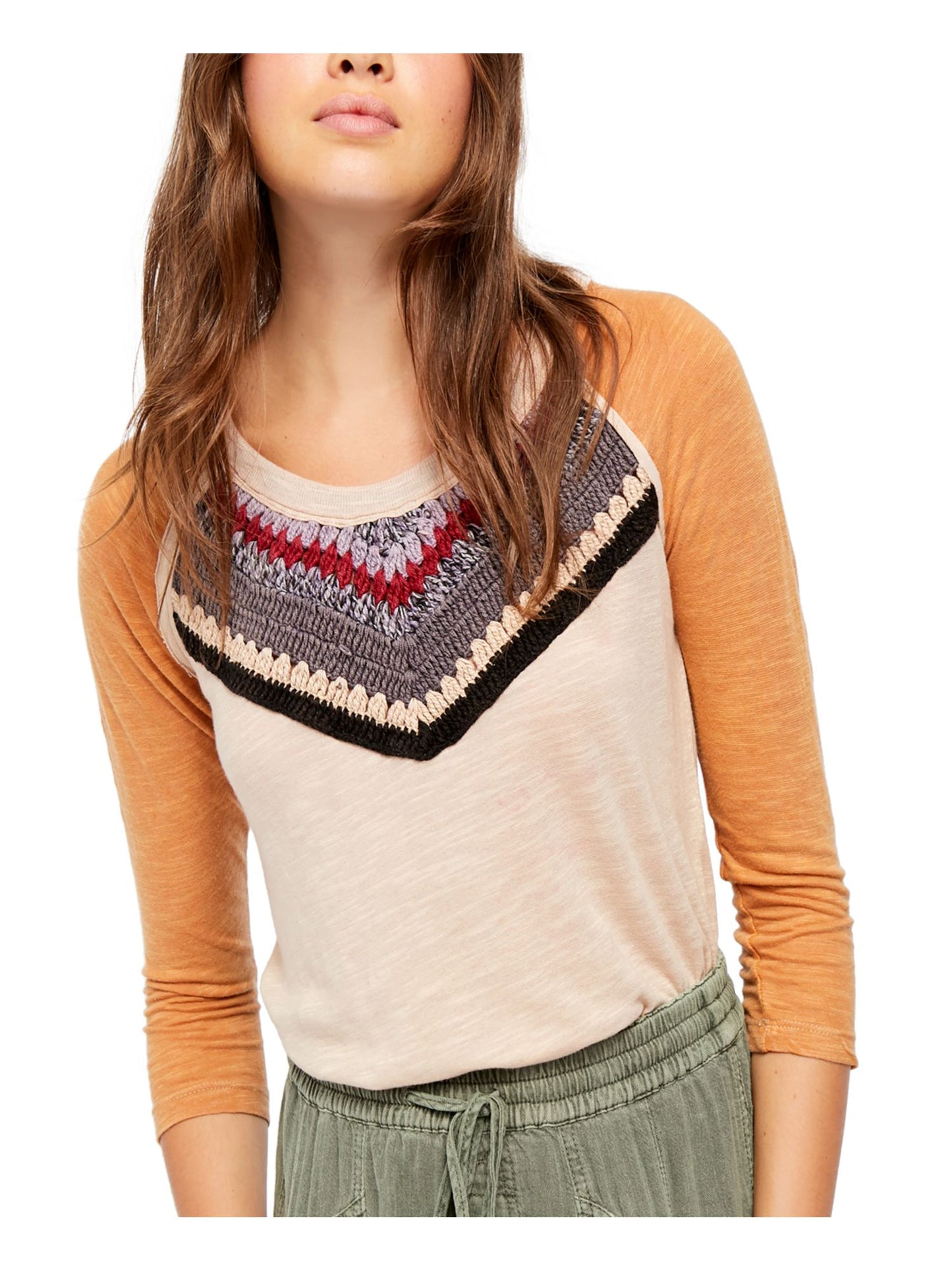 Free People Women's Knitted Front 3/4 Sleeve Crew Neck Top Brown Size Medium