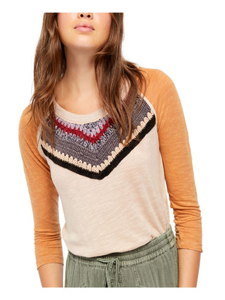 Free People Women's Knitted Front 3/4 Sleeve Crew Neck Top Brown Size Medium