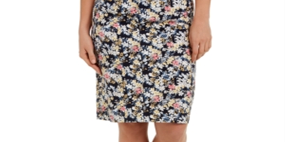 Charter Club Women's Floral Print Denim Tummy Control Skirt Blue Size 12