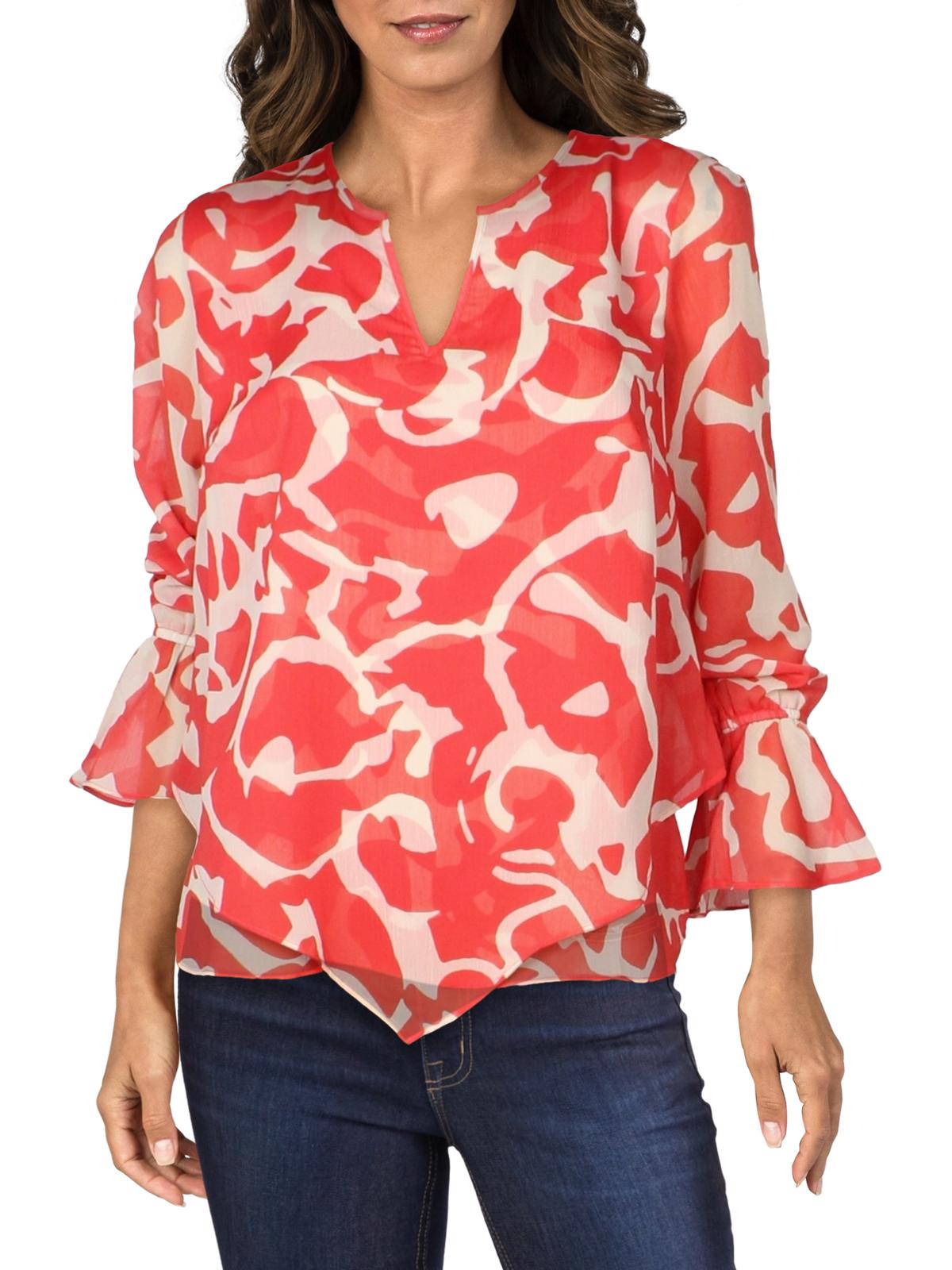 Alfani Women's Blouse Bold Abstract Top V Neck Orange Size Small