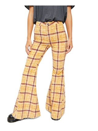 Free People Women's Plaid Wide Leg Pants Yellow Size 28