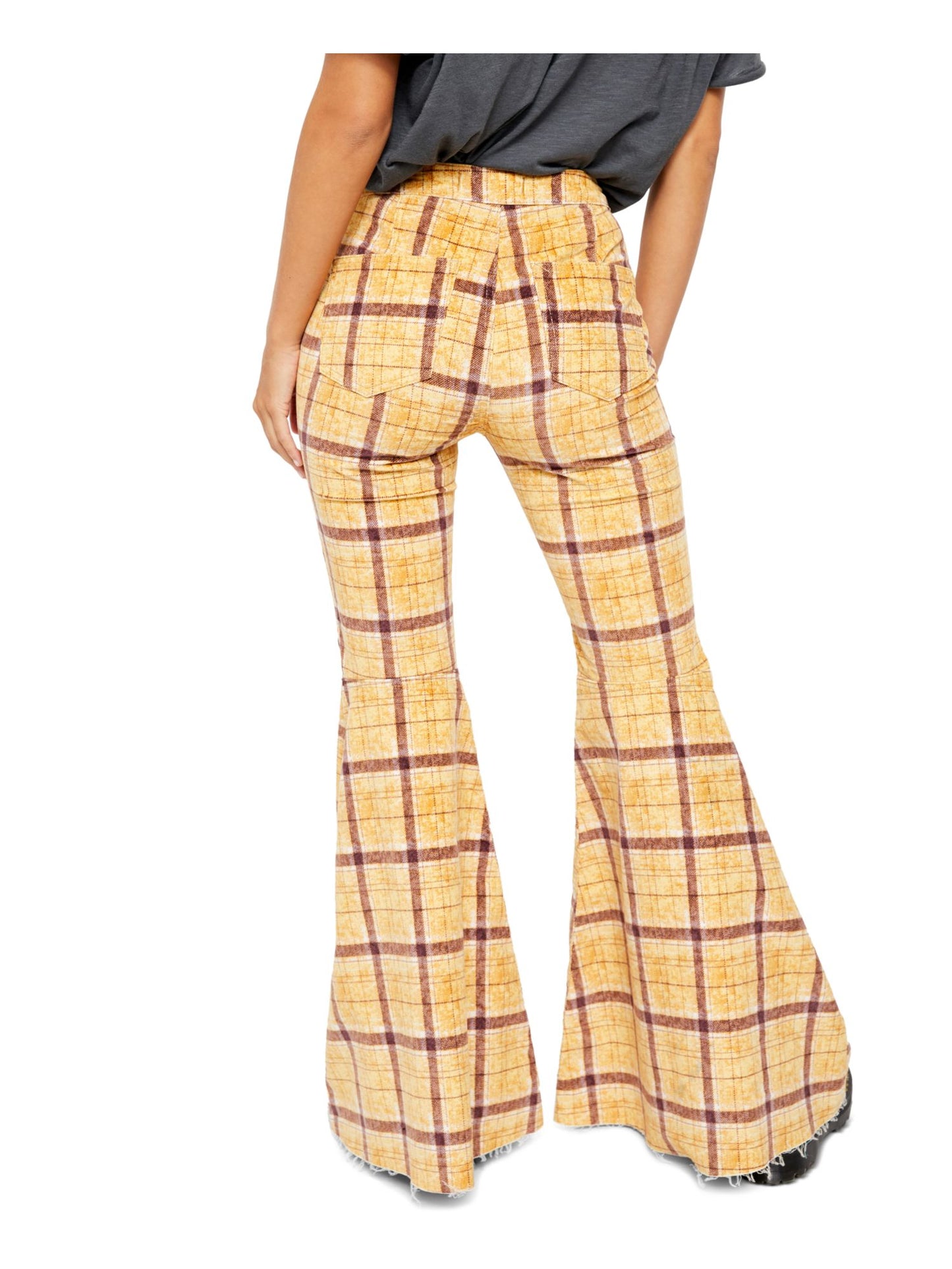 Free People Women's Plaid Wide Leg Pants Yellow Size 28