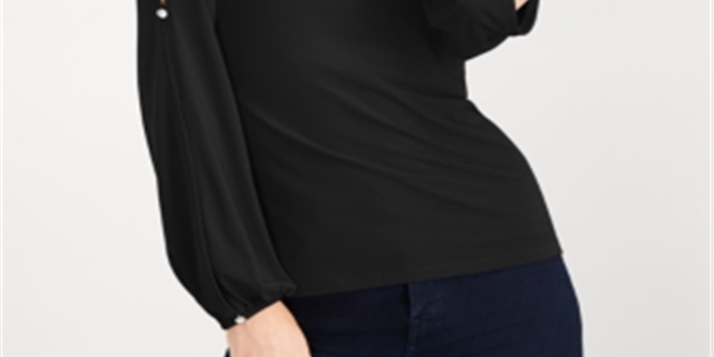 INC International Concepts Women's Split Sleeve Rhinestone Button Top Black Size X-Small