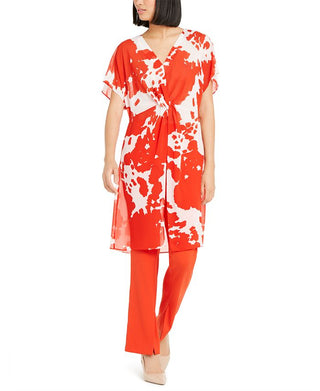Alfani Women's Sheer Twist Front Printed Tunic Blouse Red Size Large