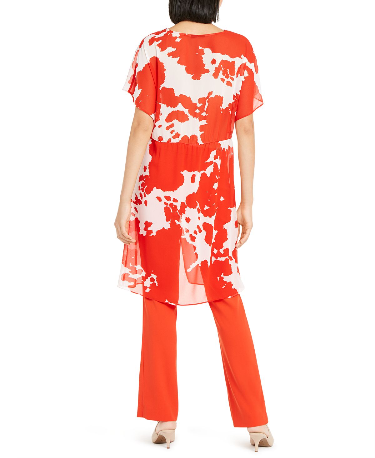 Alfani Women's Sheer Twist Front Printed Tunic Blouse Red Size Large