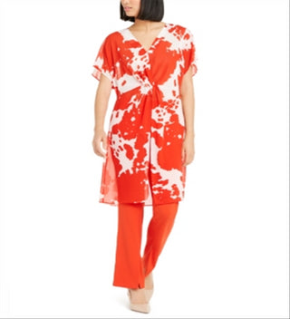 Alfani Women's Sheer Twist Front Printed Tunic Blouse Red Size Large