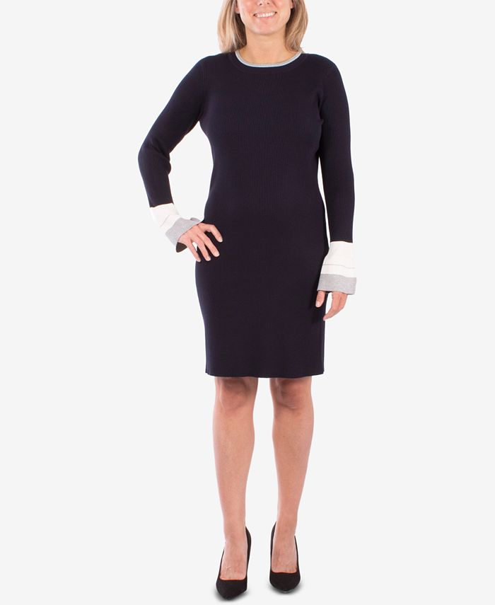 NY Collection Women's Colorblocked Sweater Dress Blue Size Petite Medium