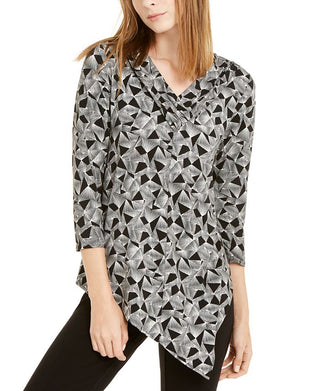 Alfani Women's Asymmetrical Geometric Blouse Black Size S