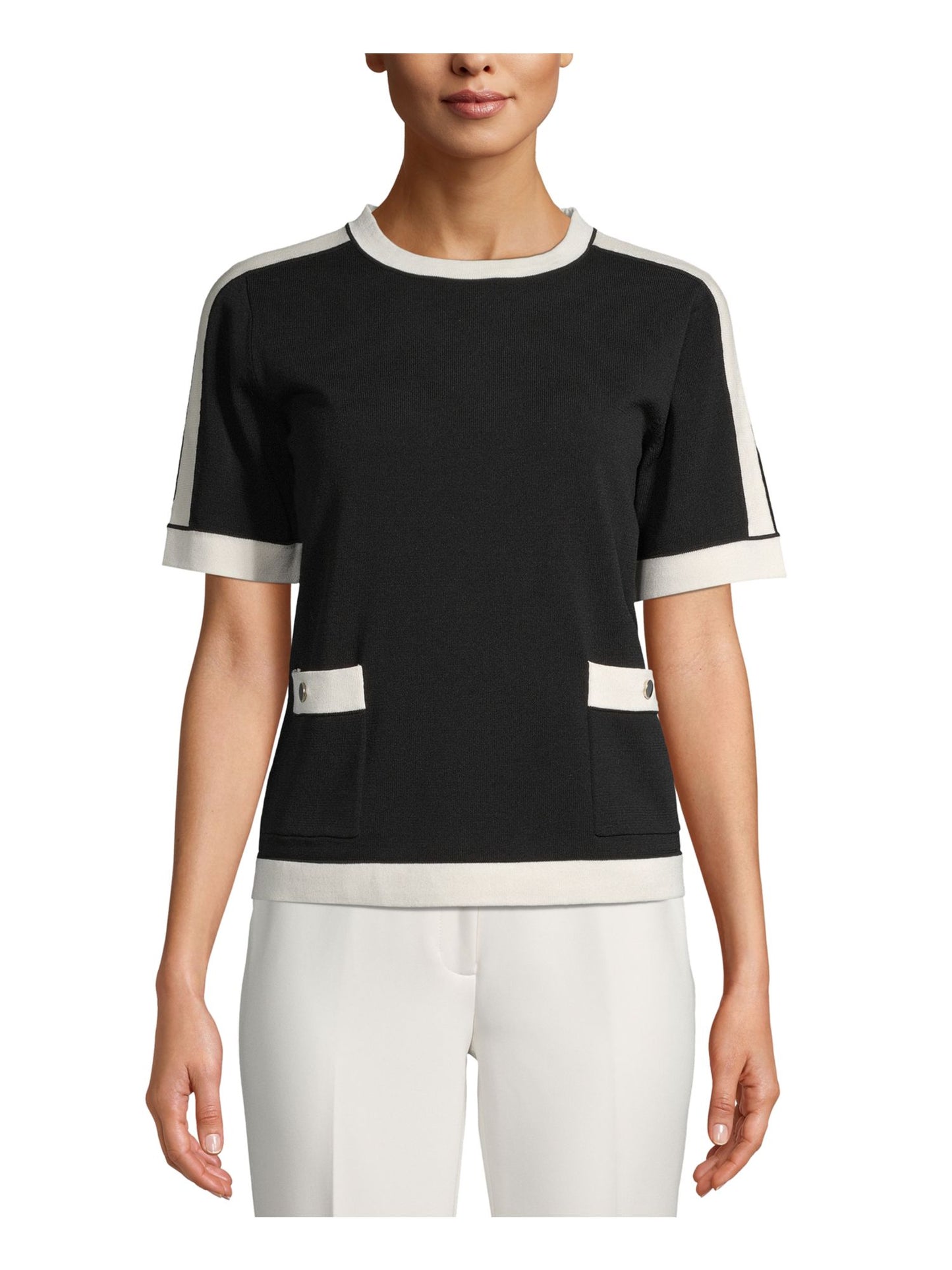 Anne Klein Women's Front Pockets Knit Top Black Size Medium