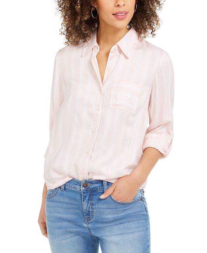 Style & Co Women's One Pocket Striped Shirt Pink Size Small
